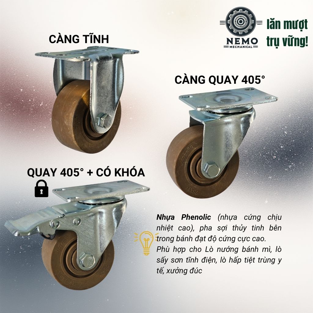 Bánh Xe Phenolic Chịu Nhiệt 280°C – Chuyên Dụng Lò Nướng, Lò Sấy (D75, D100, D125)